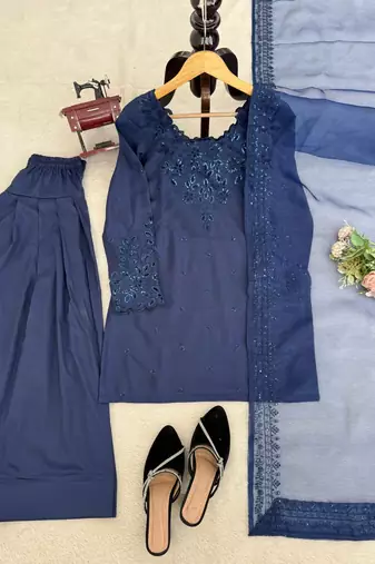 Blue crepe thread with sequin farshi salwar suit