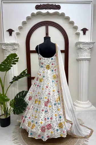 Off white georgette thread with sequin anarkali suit
