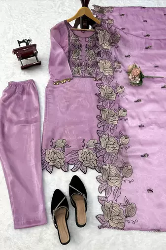 Light lavender art silk thread work  salwar suit