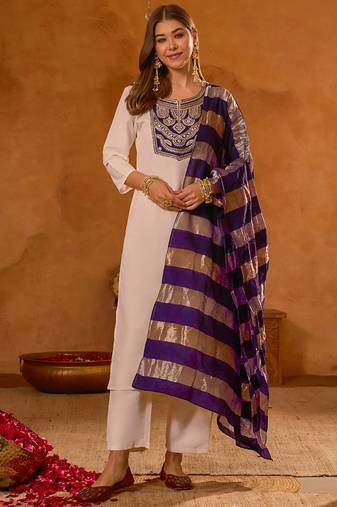 Women's Beautiful Embroidery Work Simar Fabric Straight Kurta Pant and Dupatta Set