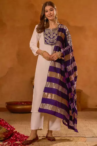 Women's Beautiful Embroidery Work Simar Fabric Straight Kurta Pant and Dupatta Set
