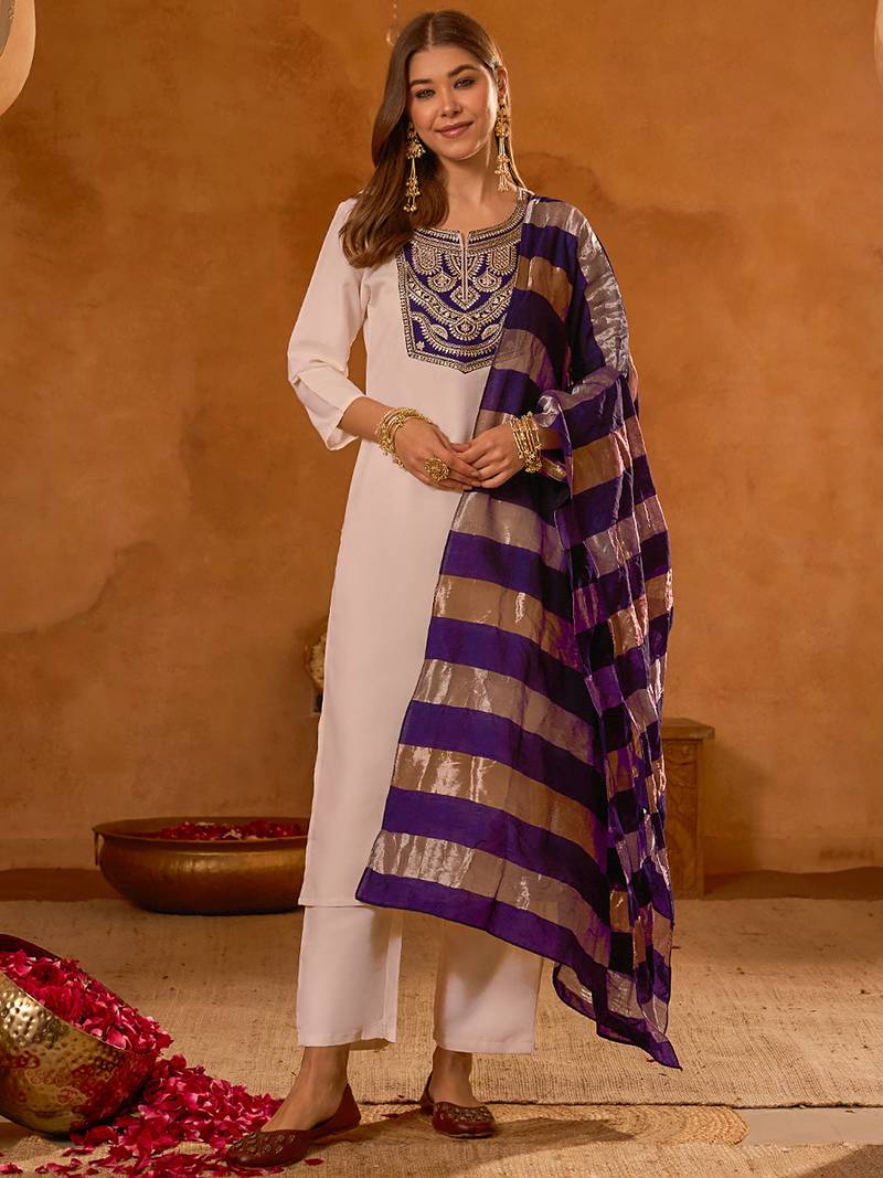 Women's Beautiful Embroidery Work Simar Fabric Straight Kurta Pant and Dupatta Set