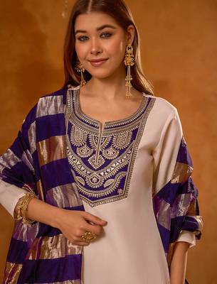 Women's Beautiful Embroidery Work Simar Fabric Straight Kurta Pant and Dupatta Set 2