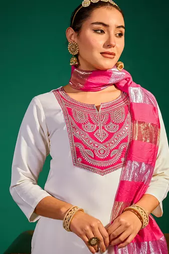 Women's Beautiful Embroidery Work Simar Fabric Straight Kurta Pant and Dupatta Set
