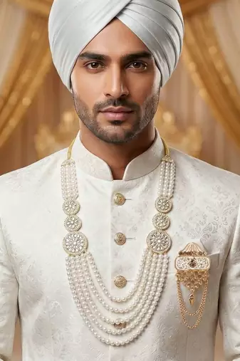 Traditional Groom Sherwani Mala Set with Brooch