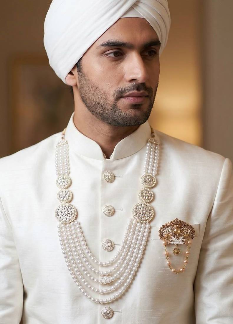 Traditional Groom Sherwani Mala Set with Brooch