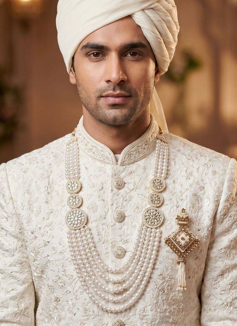 Traditional Groom Sherwani Mala Set with Brooch