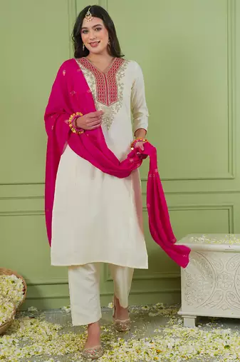 Women's Beautiful Embroidery Work Simar Gold Fabric Straight Kurta Pant and Dupatta Set