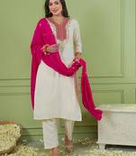 Women's Beautiful Embroidery Work Simar Gold Fabric Straight Kurta Pant and Dupatta Set