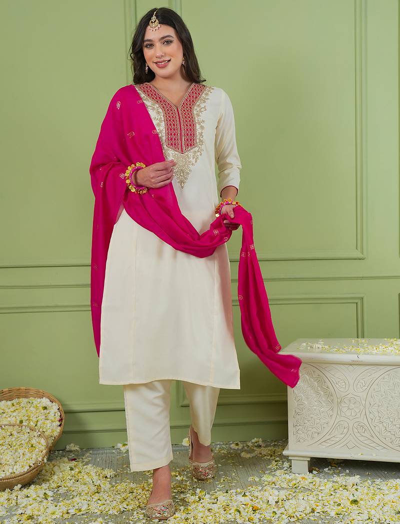 Women's Beautiful Embroidery Work Simar Gold Fabric Straight Kurta Pant and Dupatta Set