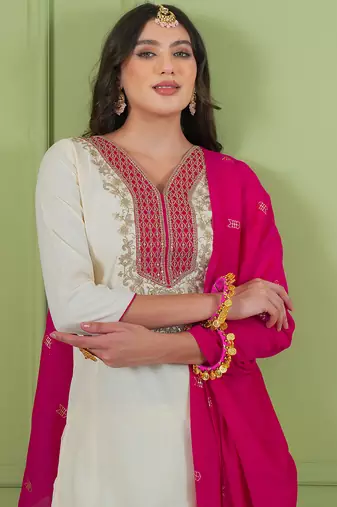 Women's Beautiful Embroidery Work Simar Gold Fabric Straight Kurta Pant and Dupatta Set