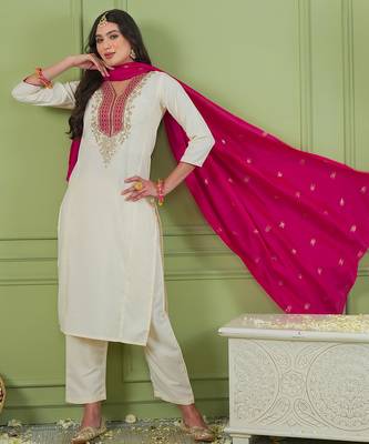 Women's Beautiful Embroidery Work Simar Gold Fabric Straight Kurta Pant and Dupatta Set 3