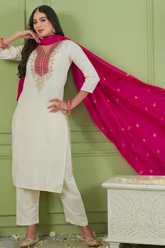 Women's Beautiful Embroidery Work Simar Gold Fabric Straight Kurta Pant and Dupatta Set