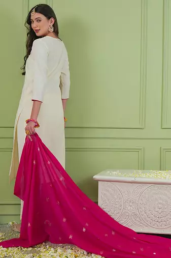 Women's Beautiful Embroidery Work Simar Gold Fabric Straight Kurta Pant and Dupatta Set