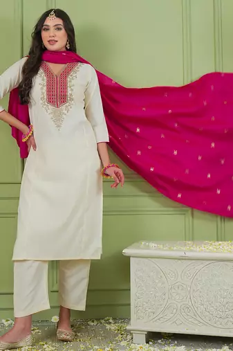 Women's Beautiful Embroidery Work Simar Gold Fabric Straight Kurta Pant and Dupatta Set