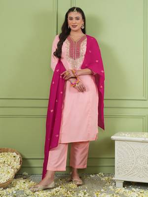 Women's Beautiful Embroidery Work Simar Gold Fabric Straight Kurta Pant and Dupatta Set 1