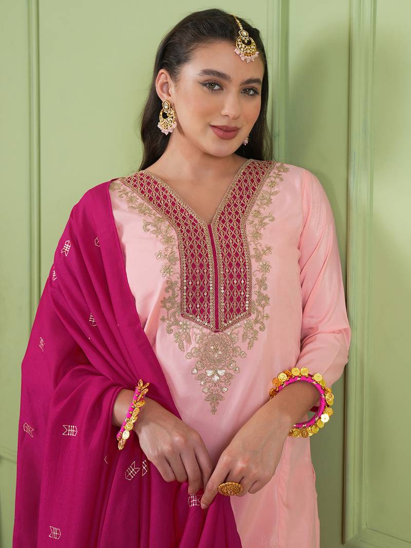 Women's Beautiful Embroidery Work Simar Gold Fabric Straight Kurta Pant and Dupatta Set