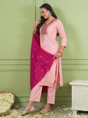 Women's Beautiful Embroidery Work Simar Gold Fabric Straight Kurta Pant and Dupatta Set 3
