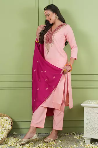 Women's Beautiful Embroidery Work Simar Gold Fabric Straight Kurta Pant and Dupatta Set
