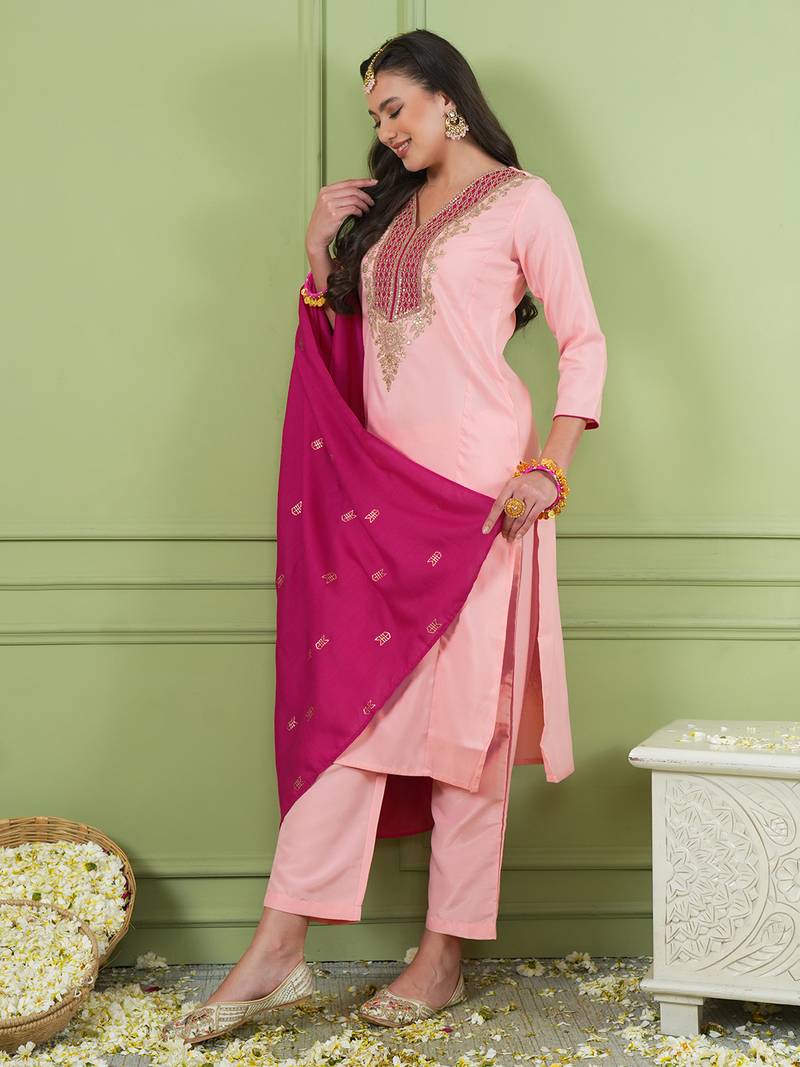 Women's Beautiful Embroidery Work Simar Gold Fabric Straight Kurta Pant and Dupatta Set