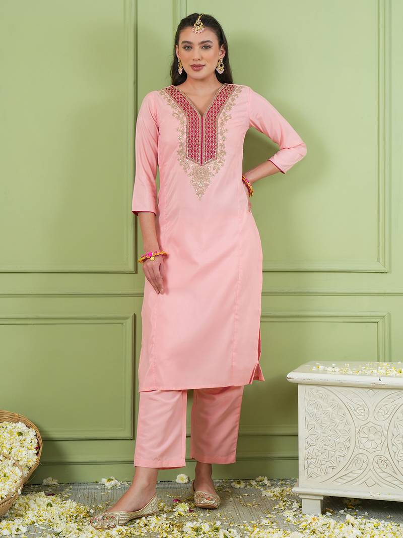 Women's Beautiful Embroidery Work Simar Gold Fabric Straight Kurta Pant and Dupatta Set