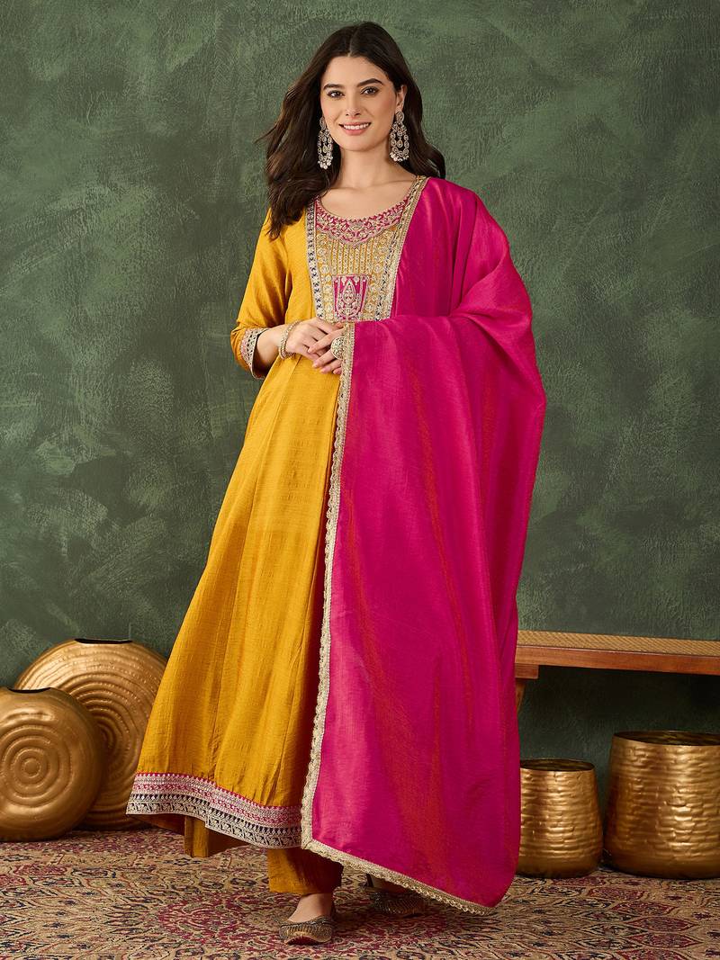 Women's Beautiful Embroidery Work Vichitra Silk Fabric Flared Anarkali Pant and Dupatta Set