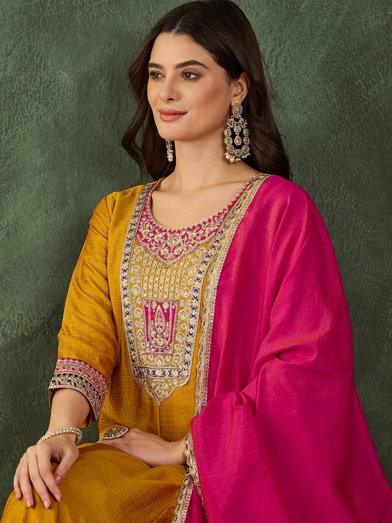 Women's Beautiful Embroidery Work Vichitra Silk Fabric Flared Anarkali Pant and Dupatta Set