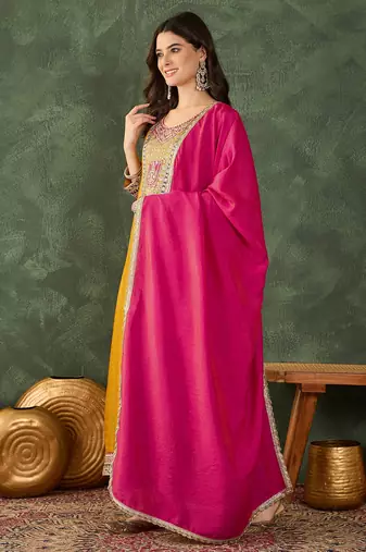 Women's Beautiful Embroidery Work Vichitra Silk Fabric Flared Anarkali Pant and Dupatta Set
