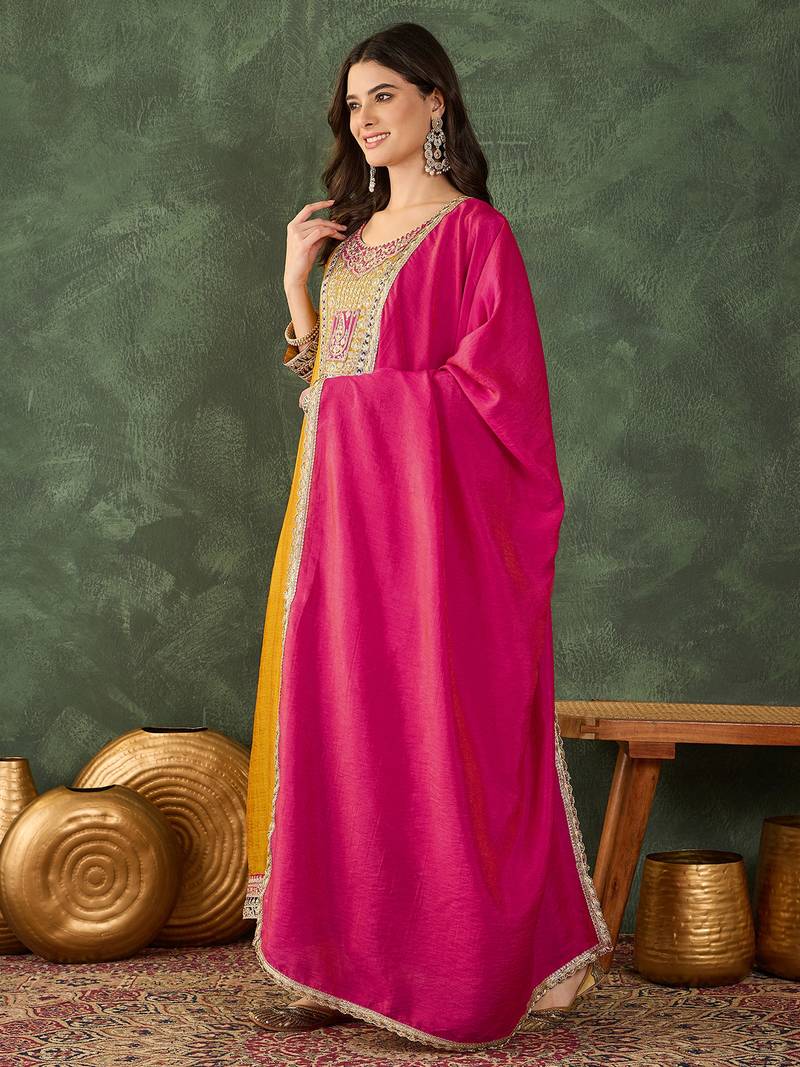 Women's Beautiful Embroidery Work Vichitra Silk Fabric Flared Anarkali Pant and Dupatta Set