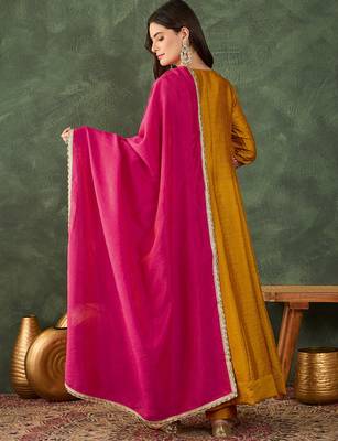Women's Beautiful Embroidery Work Vichitra Silk Fabric Flared Anarkali Pant and Dupatta Set 4