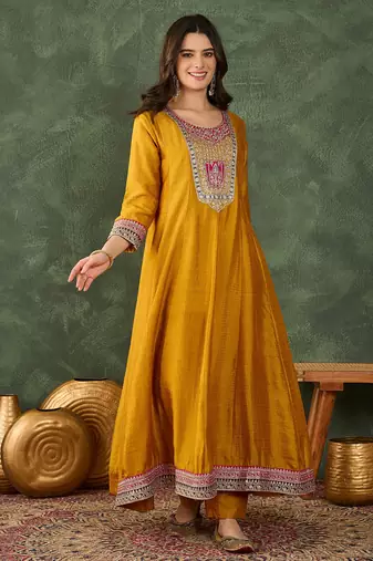 Women's Beautiful Embroidery Work Vichitra Silk Fabric Flared Anarkali Pant and Dupatta Set