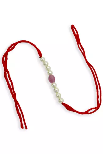 Designer pearl rakhi for brother - traditional pink bead thread
