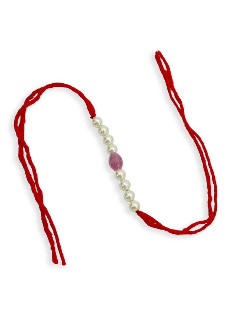 Designer pearl rakhi for brother - traditional pink bead thread