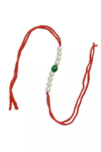 Designer pearl rakhi for brother - traditional green bead thread