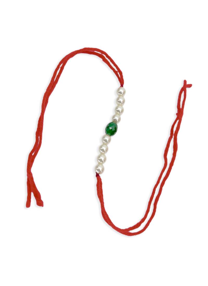 Designer pearl rakhi for brother - traditional green bead thread