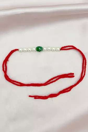 Designer pearl rakhi for brother - traditional green bead thread
