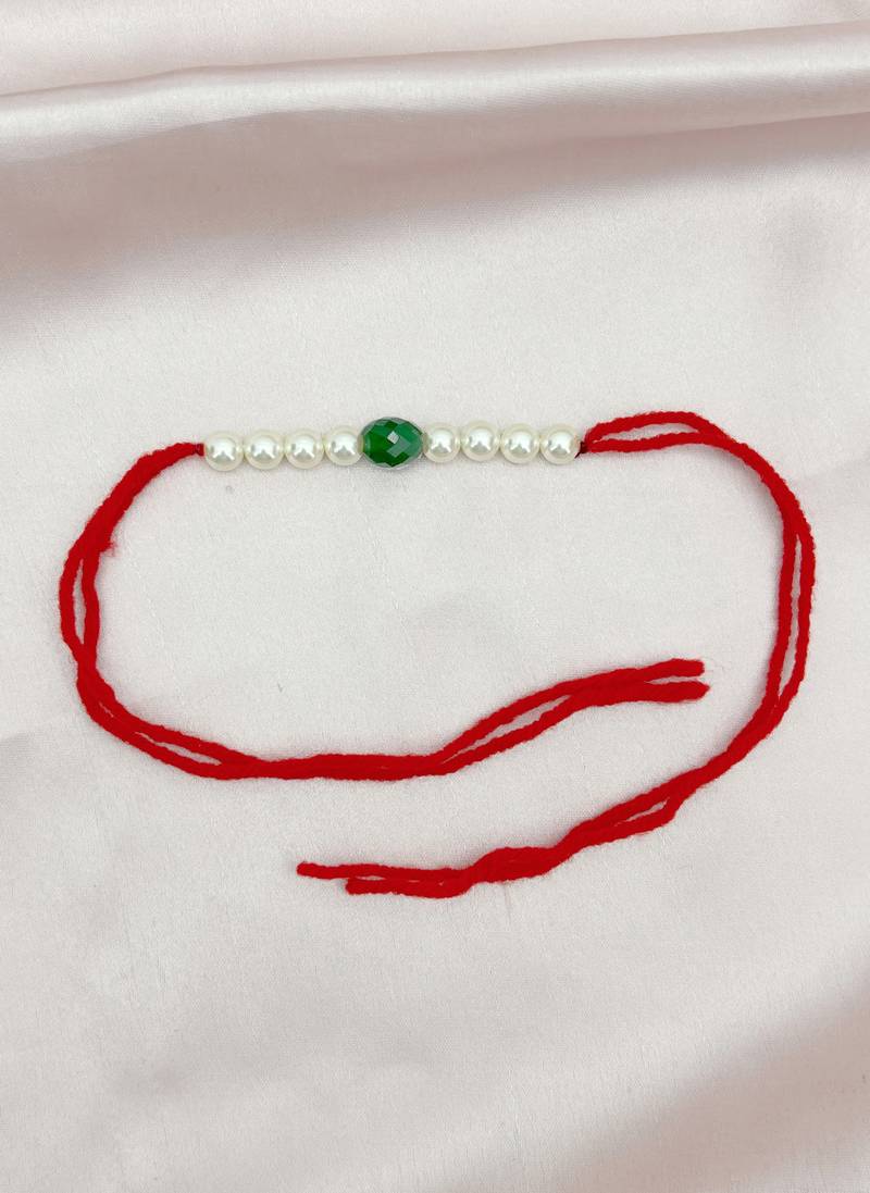 Designer pearl rakhi for brother - traditional green bead thread