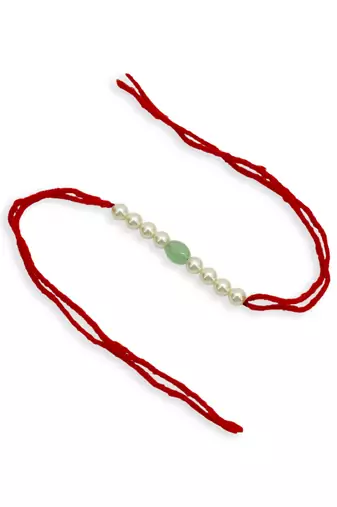 Designer pearl rakhi for brother - traditional aqua bead thread