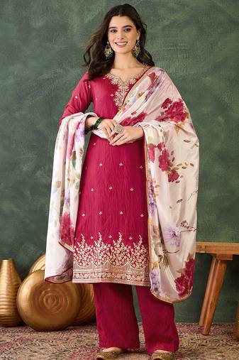 Women's Beautiful Embroidery Work Silk Fabric Straight Kurta Pant and Dupatta Set