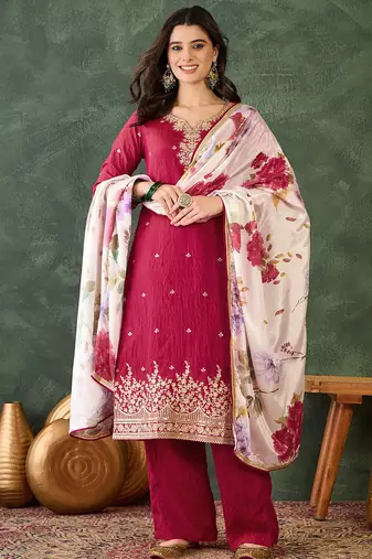 Women's Beautiful Embroidery Work Silk Fabric Straight Kurta Pant and Dupatta Set