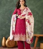 Women's Beautiful Embroidery Work Silk Fabric Straight Kurta Pant and Dupatta Set