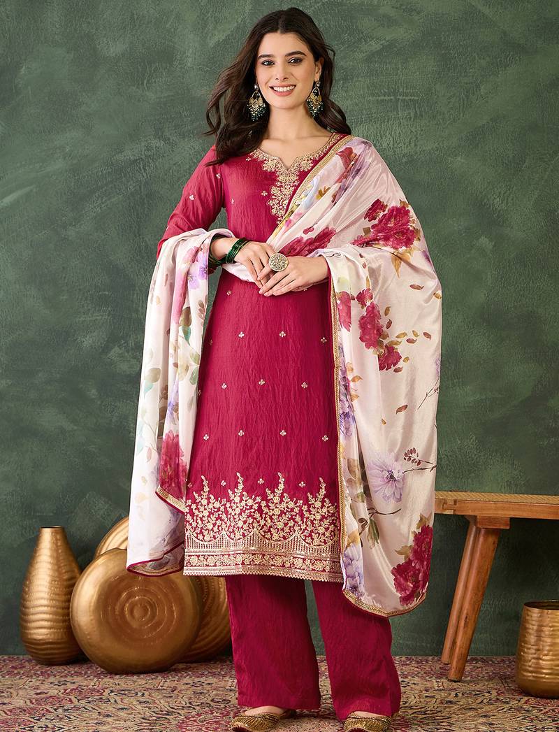 Women's Beautiful Embroidery Work Silk Fabric Straight Kurta Pant and Dupatta Set