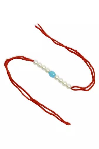 Designer pearl rakhi for brother - traditional sky blue bead thread