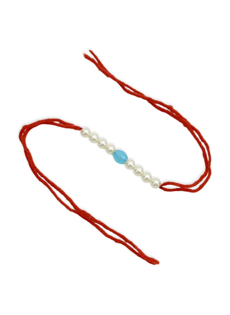 Designer pearl rakhi for brother - traditional sky blue bead thread