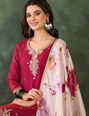 Women's Beautiful Embroidery Work Silk Fabric Straight Kurta Pant and Dupatta Set 2