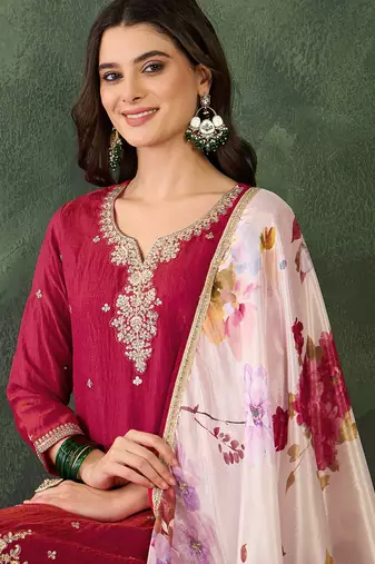 Women's Beautiful Embroidery Work Silk Fabric Straight Kurta Pant and Dupatta Set