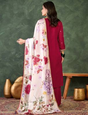 Women's Beautiful Embroidery Work Silk Fabric Straight Kurta Pant and Dupatta Set 4