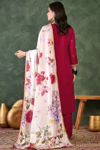 Women's Beautiful Embroidery Work Silk Fabric Straight Kurta Pant and Dupatta Set