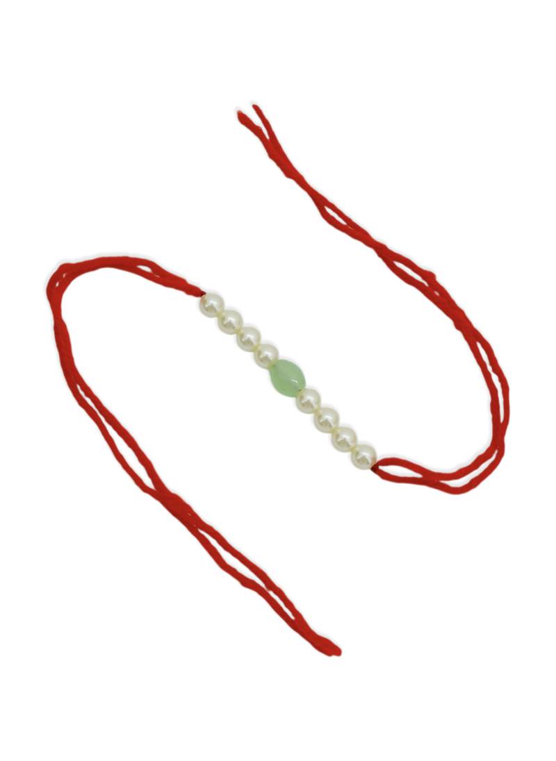Designer pearl rakhi for brother - traditional mint bead thread