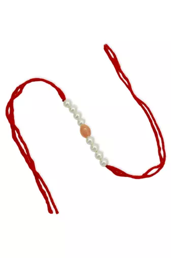 Designer pearl rakhi for brother - traditional peach bead thread